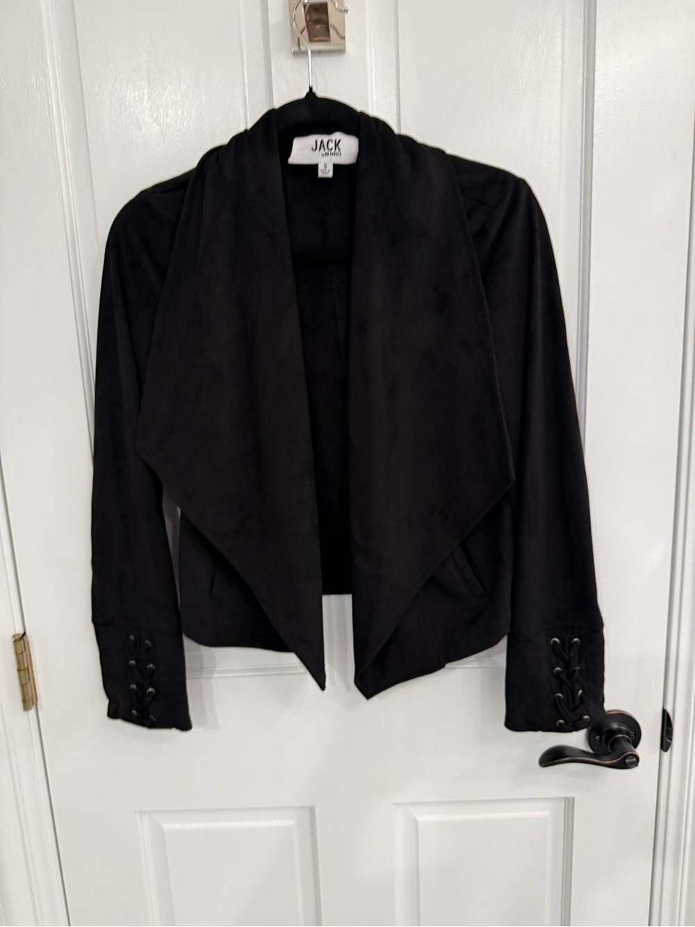 Jack by BB Dakota Black Draped Open-Front Blazer with Lace-Up Cuffs